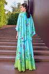 Shop_Mandira Wirk_Blue Chiffon Print Botanic Bloom Ruffled High Neck Cape Sleeves Maxi Dress _at_Aza_Fashions