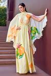 Mandira Wirk_Beige Chiffon Print Botanic Flora High Neck Cape Sleeves Maxi Dress _Online_at_Aza_Fashions