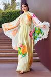 Shop_Mandira Wirk_Beige Chiffon Print Botanic Flora High Neck Cape Sleeves Maxi Dress _Online_at_Aza_Fashions