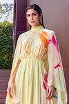 Mandira Wirk_Beige Chiffon Print Botanic Flora High Neck Cape Sleeves Maxi Dress _at_Aza_Fashions