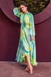 Buy_Mandira Wirk_Green Chiffon Print Abstract Geo Ruffled High Neck Low Maxi Dress _at_Aza_Fashions