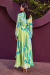 Shop_Mandira Wirk_Green Chiffon Print Abstract Geo Ruffled High Neck Low Maxi Dress _at_Aza_Fashions