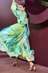 Shop_Mandira Wirk_Green Chiffon Print Abstract Geo Ruffled High Neck Low Maxi Dress _Online_at_Aza_Fashions