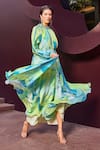 Mandira Wirk_Green Chiffon Print Abstract Geo Ruffled High Neck Low Maxi Dress _at_Aza_Fashions