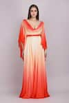 Mandira Wirk_Red Chiffon Ombre Draped Cowl V Neck Flutter Sleeves Gown _Online_at_Aza_Fashions