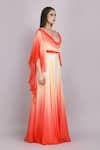 Buy_Mandira Wirk_Red Chiffon Ombre Draped Cowl V Neck Flutter Sleeves Gown 