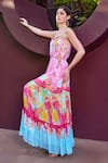 Mandira Wirk_Pink Chiffon Print Gardenia Square Neck Gathered Tier Maxi Dress _Online_at_Aza_Fashions