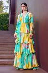 Shop_Mandira Wirk_Multi Color Chiffon Print Ambrosia Plunging V Neck Frilly Layered Maxi Dress _Online_at_Aza_Fashions