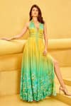 Buy_Mandira Wirk_Green Chiffon Print Ombre Florence Halter Neck Vacay Maxi Dress _at_Aza_Fashions