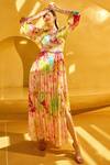 Buy_Mandira Wirk_Yellow Chiffon Print Persian Fleur V Neck Tiered And Pleated Maxi Dress _at_Aza_Fashions