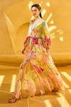 Shop_Mandira Wirk_Yellow Chiffon Print Persian Fleur V Neck Tiered And Pleated Maxi Dress _at_Aza_Fashions