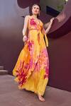 Mandira Wirk_Yellow Lurex Georgette Print Floral Plunging V Neck Glittery Striped Maxi Dress _Online_at_Aza_Fashions