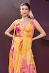 Buy_Mandira Wirk_Yellow Lurex Georgette Print Floral Plunging V Neck Glittery Striped Maxi Dress _Online_at_Aza_Fashions