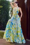 Buy_Mandira Wirk_Blue Cotton Glace Print Iris Plunging V Neck Tiered Maxi Dress _Online_at_Aza_Fashions