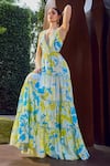 Shop_Mandira Wirk_Blue Cotton Glace Print Iris Plunging V Neck Tiered Maxi Dress _Online_at_Aza_Fashions