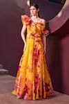 Buy_Mandira Wirk_Yellow Poly Organza Print Sunset Radiance Bloom Square Neck Ruffled Maxi Dress _at_Aza_Fashions