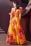 Shop_Mandira Wirk_Yellow Poly Organza Print Sunset Radiance Bloom Square Neck Ruffled Maxi Dress _at_Aza_Fashions