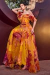 Mandira Wirk_Yellow Poly Organza Print Sunset Radiance Bloom Square Neck Ruffled Maxi Dress _Online_at_Aza_Fashions