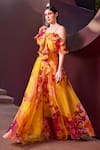 Shop_Mandira Wirk_Yellow Poly Organza Print Sunset Radiance Bloom Square Neck Ruffled Maxi Dress _Online_at_Aza_Fashions