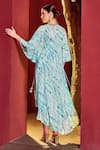 Shop_Mandira Wirk_Blue Viscose Crepe Print Bloom Helix V Neck Asymmetric Kaftan _at_Aza_Fashions