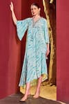 Mandira Wirk_Blue Viscose Crepe Print Bloom Helix V Neck Asymmetric Kaftan _Online_at_Aza_Fashions