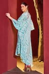 Shop_Mandira Wirk_Blue Viscose Crepe Print Bloom Helix V Neck Asymmetric Kaftan _Online_at_Aza_Fashions