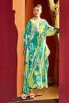 Buy_Mandira Wirk_Green Viscose Crepe Print Bloom Petal V Neck Kaftan _at_Aza_Fashions