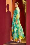 Shop_Mandira Wirk_Green Viscose Crepe Print Bloom Petal V Neck Kaftan _at_Aza_Fashions