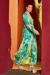 Mandira Wirk_Green Viscose Crepe Print Bloom Petal V Neck Kaftan _at_Aza_Fashions