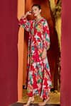 Mandira Wirk_Red Viscose Crepe Print Blossom Petal V Neck Kaftan _Online_at_Aza_Fashions