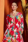 Shop_Mandira Wirk_Red Viscose Crepe Print Blossom Petal V Neck Kaftan _Online_at_Aza_Fashions