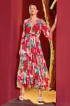 Buy_Mandira Wirk_Red Viscose Crepe Printed Botanical V Neck Kaftan Dress _at_Aza_Fashions