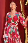 Buy_Mandira Wirk_Red Viscose Crepe Printed Botanical V Neck Kaftan Dress _Online_at_Aza_Fashions