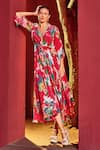 Mandira Wirk_Red Viscose Crepe Printed Botanical V Neck Kaftan Dress _at_Aza_Fashions