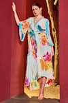 Buy_Mandira Wirk_Blue Viscose Crepe Printed Floral V Neck Kaftan Dress _at_Aza_Fashions