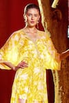 Buy_Mandira Wirk_Yellow Chiffon Printed Chevron V Neck Kaftan Dress _Online_at_Aza_Fashions