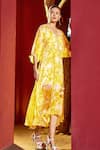 Shop_Mandira Wirk_Yellow Chiffon Printed Chevron V Neck Kaftan Dress _Online_at_Aza_Fashions