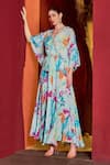 Buy_Mandira Wirk_Blue Chiffon Printed Florette V Neck Kaftan Dress _at_Aza_Fashions