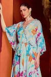 Mandira Wirk_Blue Chiffon Printed Florette V Neck Kaftan Dress _Online_at_Aza_Fashions