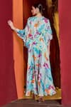 Mandira Wirk_Blue Chiffon Printed Florette V Neck Kaftan Dress _at_Aza_Fashions