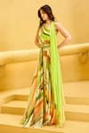 Buy_Mandira Wirk_Green Chiffon Printed Geometric Asymmetric Ombre Jumpsuit With Belt _at_Aza_Fashions