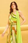 Shop_Mandira Wirk_Green Chiffon Printed Geometric Asymmetric Ombre Jumpsuit With Belt _Online_at_Aza_Fashions