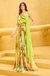 Mandira Wirk_Green Chiffon Printed Geometric Asymmetric Ombre Jumpsuit With Belt _at_Aza_Fashions