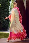 Mandira Wirk_Pink Chiffon Printed Floral Mandarin Collar Placement Kaftan _at_Aza_Fashions