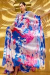 Buy_Mandira Wirk_Blue Chiffon Printed Floral Serenity V Neck Kaftan _at_Aza_Fashions