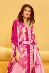 Mandira Wirk_Purple Viscose Crepe Printed Floral V Neck Placement Kaftan Dress With Belt _at_Aza_Fashions