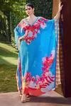 Buy_Mandira Wirk_Blue Viscose Crepe Printed Vibrant Floral V Neck Kaftan _at_Aza_Fashions