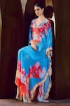 Mandira Wirk_Blue Viscose Crepe Printed Vibrant Floral V Neck Kaftan _Online_at_Aza_Fashions