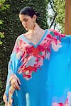 Shop_Mandira Wirk_Blue Viscose Crepe Printed Vibrant Floral V Neck Kaftan _Online_at_Aza_Fashions