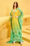 Buy_Mandira Wirk_Yellow Crepe Printed Floral Texture Plunge V Neck Ombre Placement Kaftan _at_Aza_Fashions